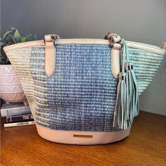 Brahmin Cream and Blue Woven Tote Bag with Leather Handles